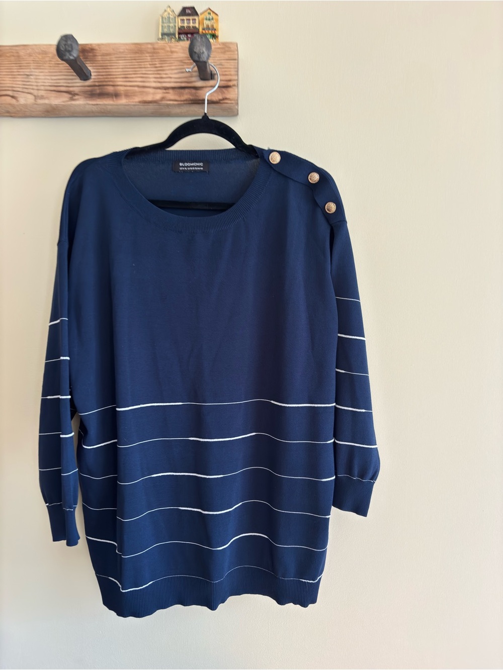 141.) Bloomchic / Navy Stripe Button-Shoulder Sweater